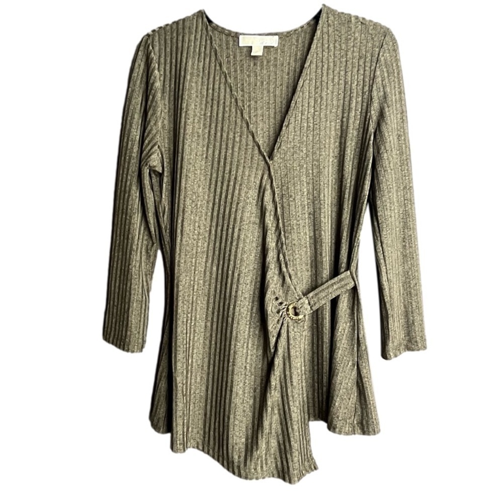 Michael Kors Gold Ribbed 3/4 Sleeve Faux Wrap Crossover V-Neck Jersey Top Size M